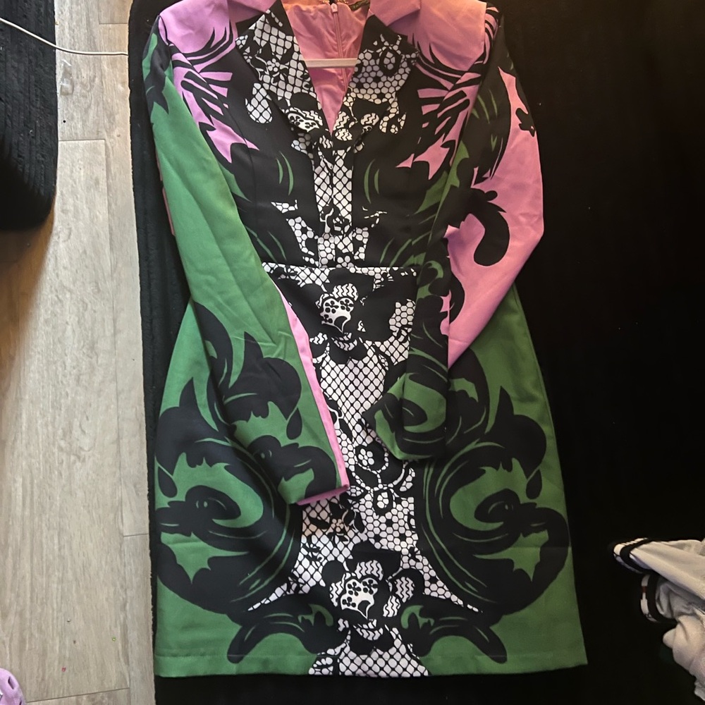 Fashion Nova Long Sleeve Dress with Pink, Green, and Black Pattern